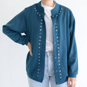 Vintage Blair Deep Teal Embroidered Floral Button Up Cardigan Sweater L